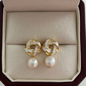 Gold Enamel Pearl Earrings | Sterling Silver Studs | Chic Gift for Her